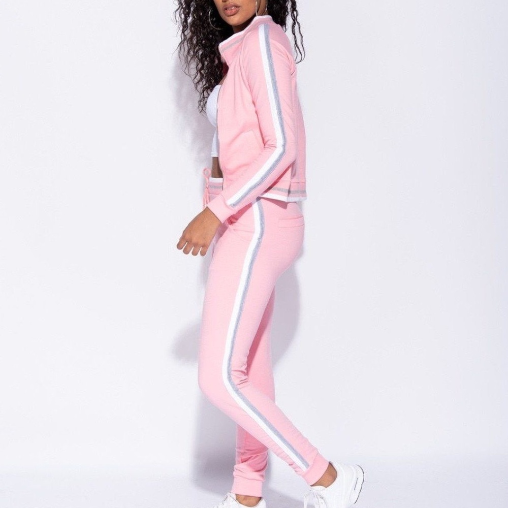 Side Stripe Pink Zip Up Lounge Set